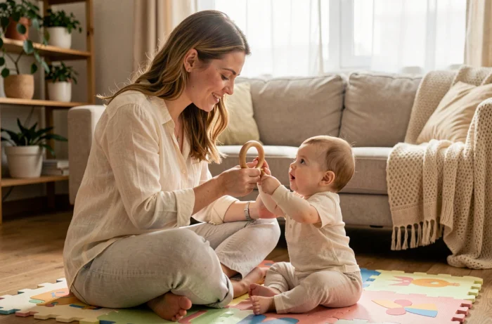 Jeune mère jouant avec son bébé de six mois sur un tapis d'éveil dans un salon chaleureux et naturel