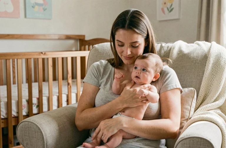 Mère tenant son bébé agité pendant un pic de croissance dans une chambre de nourrisson
