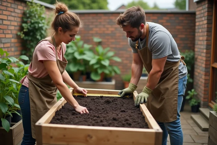 Un couple mesure la superficie d'un carré potager surélevé en bois sur une terrasse urbaine pour planifier leur premier jardin
