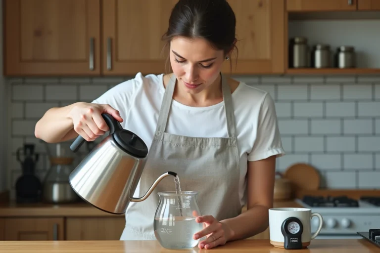 Femme versant de l'eau chaude dans un pichet doseur en verre avec un thermomètre numérique pour mesurer une température de 60 degrés dans une cuisine moderne