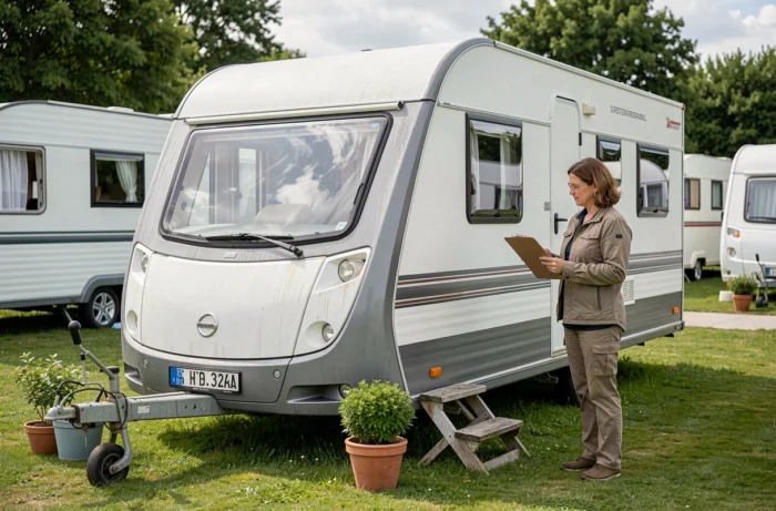 Femme inspectant la plaque d'immatriculation d'un mobil-home stationné dans un camping résidentiel