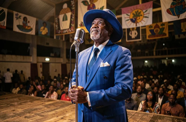 Musicien congolais sapeur en costume bleu cobalt sur scène à Kinshasa, tenant un microphone vintage, évoquant la légende de Papa Wemba