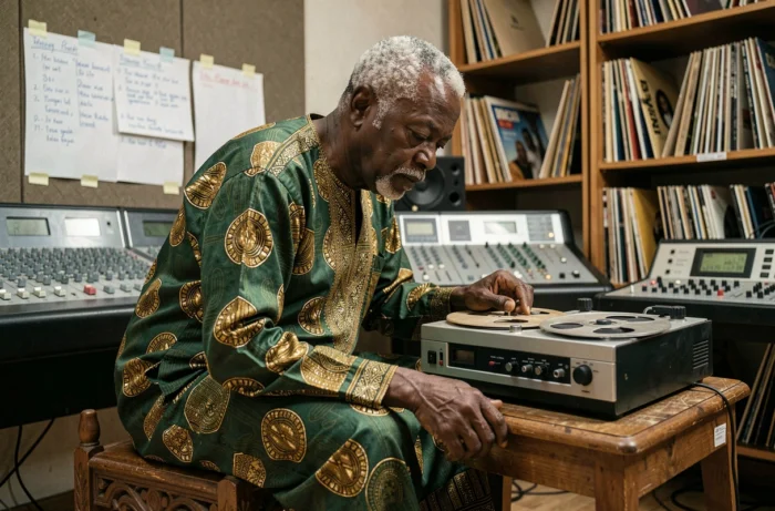 Musicien congolais en boubou traditionnel dans un studio d'enregistrement vintage avec magnétophone à bobines, hommage à la musique rumba congolaise