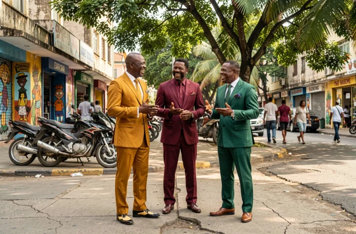 Trois musiciens congolais en tenues sapeur colorées dans le quartier Matonge de Kinshasa, illustrant la culture vestimentaire et musicale de Papa Wemba