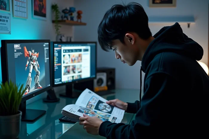 Passionné d'animation japonaise lisant un magazine spécialisé sur les annonces de la saison 2 de Darling in the FranXX dans un bureau otaku