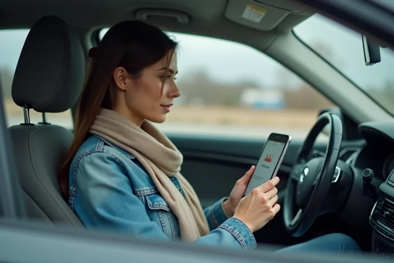 Passagère BlaBlaCar consultant la confirmation de paiement sur smartphone dans un véhicule en route