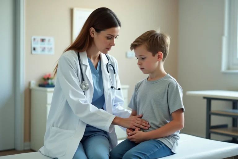 Pédiatre examinant l'abdomen d'un adolescent lors d'une consultation médicale pour transaminases élevées