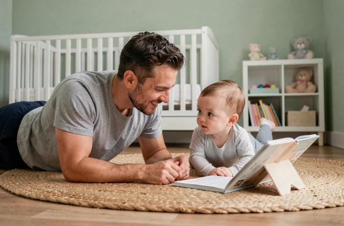 Père allongé sur le sol d'une chambre de bébé accompagnant son nourrisson pendant l'exercice du temps sur le ventre