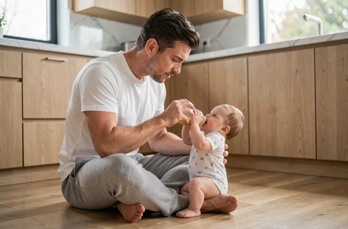 Père donnant le biberon à un bébé affamé lors d'un pic de croissance sur le sol de la cuisine