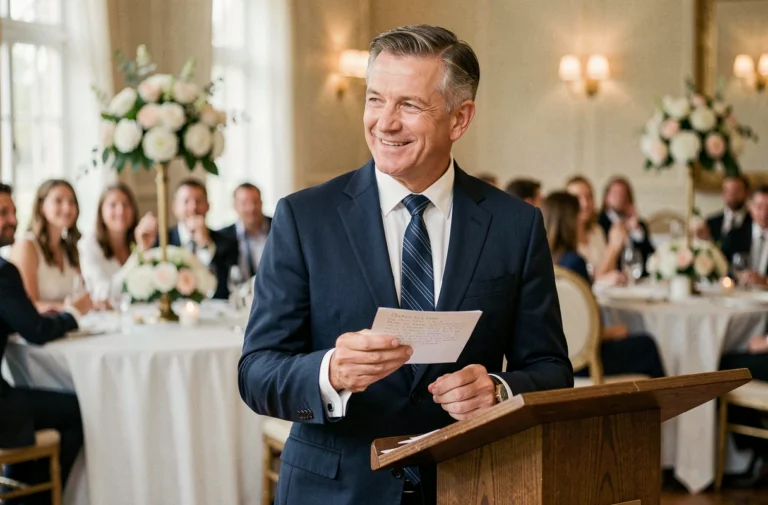 Père ému en costume marine prononçant un discours lors du mariage de son fils devant les invités