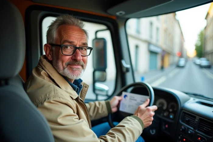 Conducteur de camion 12m3 tenant son permis de conduire et les documents de transport requis dans la cabine
