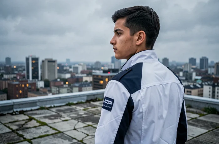 Jeune homme en uniforme futuriste blanc et marine contemplant une skyline urbaine depuis un toit, dans l'atmosphère de Darling in the Franxx saison 2