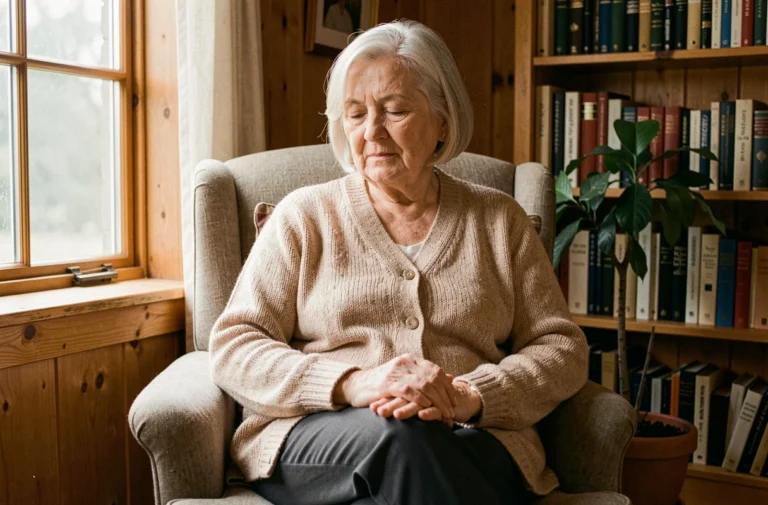 Femme âgée aux yeux fermés assise dans un fauteuil confortable à la maison, expression paisible et reposée