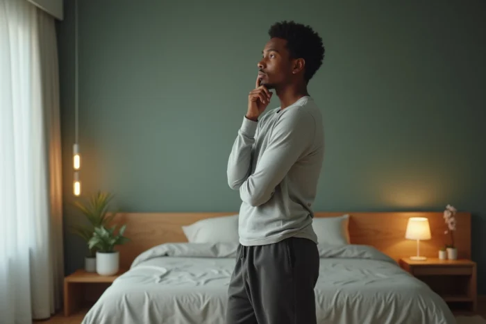 Personne contemplative debout dans une chambre minimaliste observant un fauteuil positionné au pied du lit, réfléchissant à l'aménagement de sa pièce