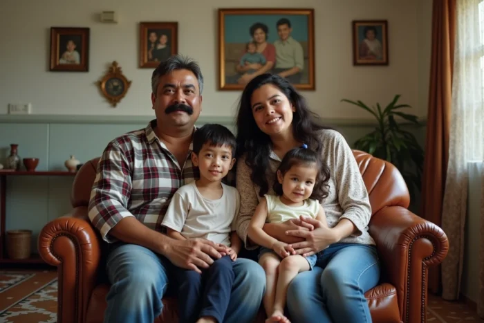 Portrait de famille colombienne dans un intérieur traditionnel, illustration de la vie familiale de Pablo Escobar