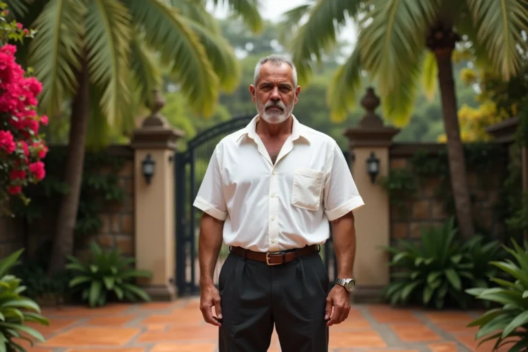 Portrait d'un homme latino-américain dans une hacienda colombienne évoquant le parcours de Pablo Escobar