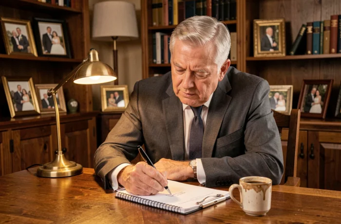 Père préparant son discours de mariage pour son fils à la maison avec un carnet de notes