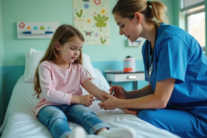 Infirmière réalisant une prise de sang sur une jeune fille dans un cabinet pédiatrique pour analyse hépatique