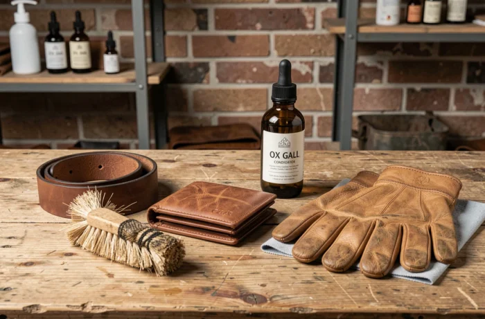 Produits en cuir et flacon de fiel de bœuf disposés sur une table en chêne dans un atelier minimaliste