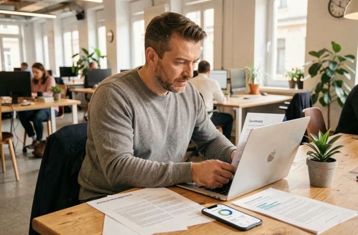 Propriétaire bailleur consultant un contrat de gestion locative meublée à Lyon sur ordinateur portable