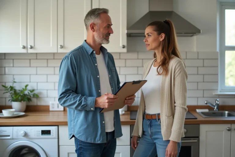 Propriétaire et locataire discutant d'une panne de lave-linge dans une cuisine d'appartement