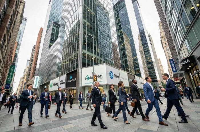 Quartier financier mondial avec gratte-ciels de grandes entreprises multinationales représentant les secteurs les plus rentables