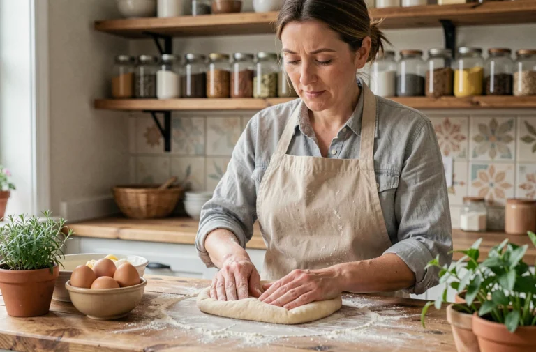 Femme préparant des pâtes fraîches maison sur un plan de travail en bois, entourée d'ingrédients naturels dans une cuisine chaleureuse