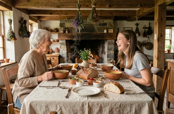 Grand-mère et adolescente partageant un repas convivial autour d'une table campagnarde avec soupe maison et pain rustique