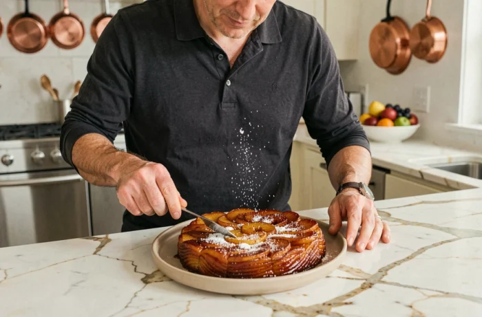 Homme dressant une tarte tatin aux pommes caramélisées sur une île de cuisine en marbre dans un intérieur moderne