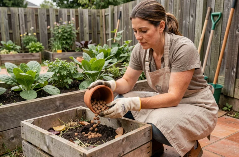 Femme en tablier de jardinage versant des billes d'argile usagées dans un composteur en bois dans un jardin potager
