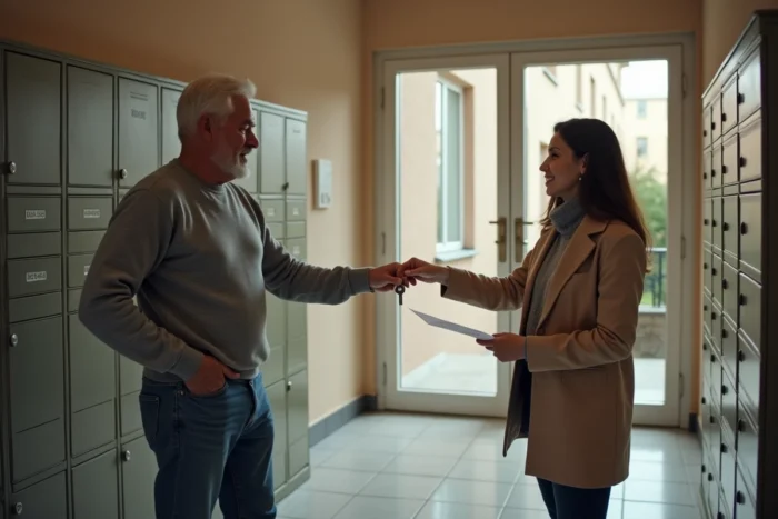 Remise de clés d'appartement entre deux personnes dans le hall d'entrée d'un immeuble résidentiel avec document signé