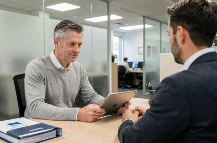 Homme en rendez-vous avec un conseiller bancaire pour explorer des solutions de crédit