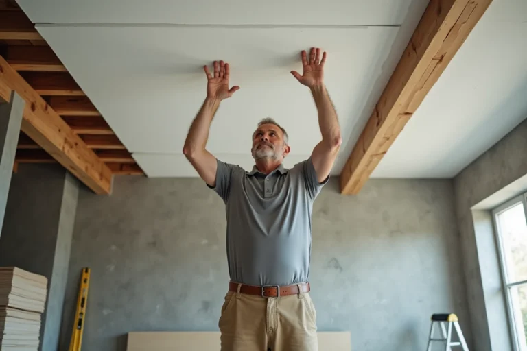 Professionnel du bâtiment évaluant la résistance d'un plafond en placo lors de travaux de rénovation intérieure