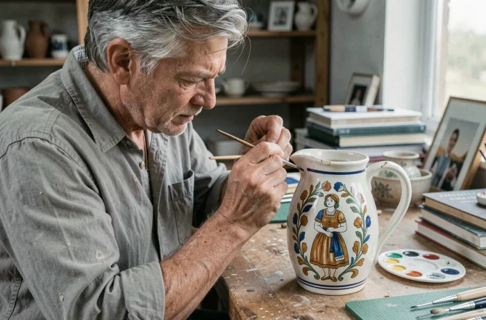 Artisan restaurant une pichet en faïence Henriot Quimper avec un pinceau fin dans un atelier de céramique