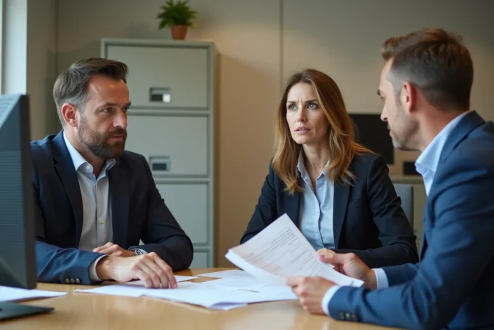 Couple rencontrant un conseiller logement dans un bureau administratif pour gérer une concurrence après commission