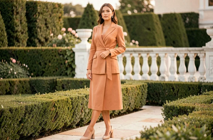 Femme en robe tailleur mangue avec ceinture à la taille dans un jardin de mariage, look chic et féminin aux tons pêche et ivoire
