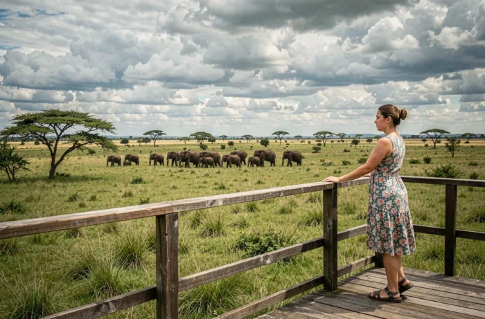 Voyageuse admirant un troupeau d'éléphants dans la savane verdoyante du Masai Mara au Kenya