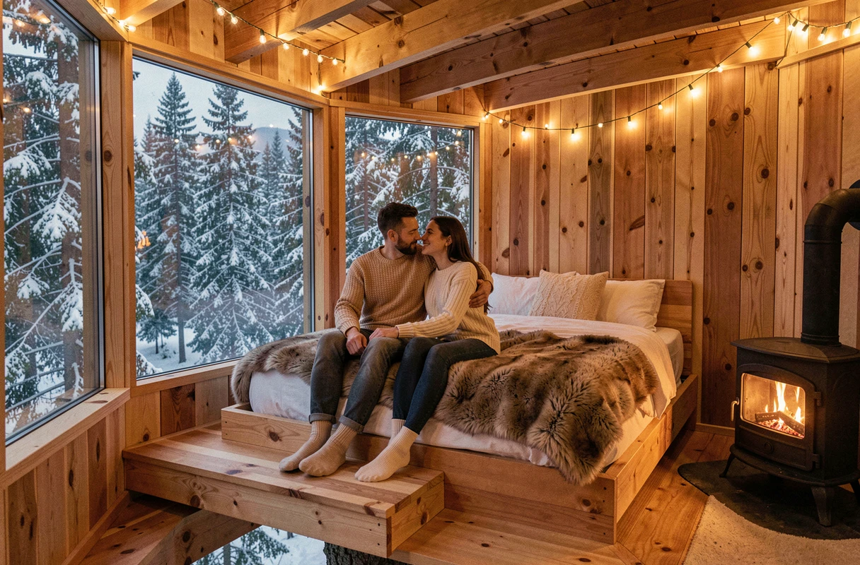 Couple en pulls en laine assis sur un lit dans une cabane dans les arbres avec une grande fenêtre panoramique sur une forêt de pins enneigée au crépuscule