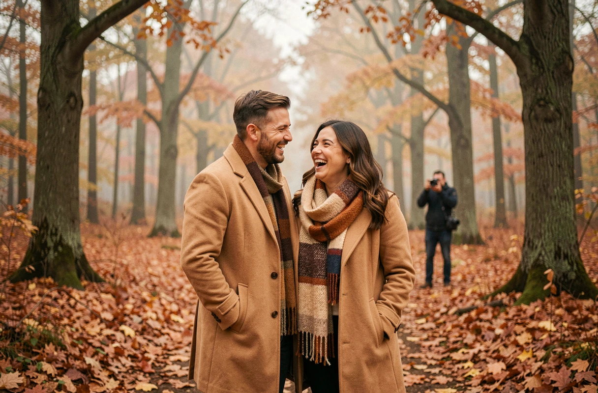 Couple en manteaux d'automne riant dans une forêt dorée lors d'un shooting photo en extérieur avec un photographe en arrière-plan
