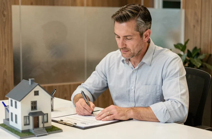 Homme signant un contrat immobilier dans un bureau de notaire, finalisant avec sérénité son projet d'achat de bien immobilier