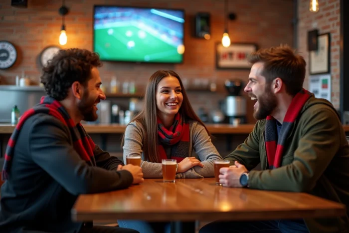 Groupe de supporters regardant un match sportif dans un bar animé, ambiance actualité et tendances sport
