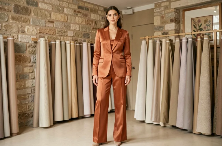 Femme élégante portant un tailleur deux pièces couleur mangue en soie shantung dans un atelier parisien, silhouette raffinée et coupe structurée