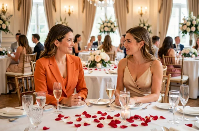Deux femmes élégantes dont une en tailleur mangue assis à une table de réception de mariage décorée, ambiance chic et raffinée