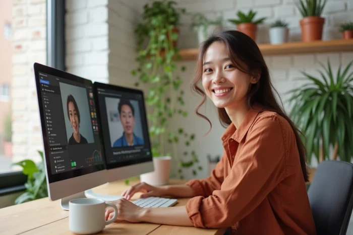 Jeune femme en télétravail participant à une visioconférence internationale avec affichage de l'heure de New York sur un tableau de bord de fuseaux horaires