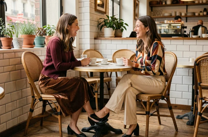 Deux femmes élégamment habillées selon les tendances de la saison discutant autour d'un café dans un bistrot parisien chaleureux