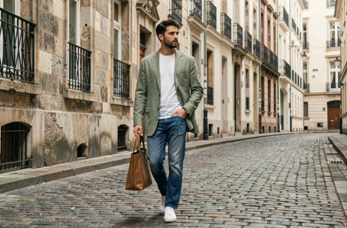 Homme en blazer en lin vert sauge marchant dans une rue pavée européenne avec un look mode décontracté et contemporain