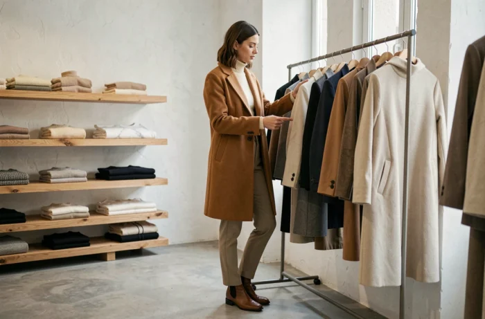 Femme élégante en manteau camel parcourant un portant de vêtements dans une boutique de mode minimaliste parisienne