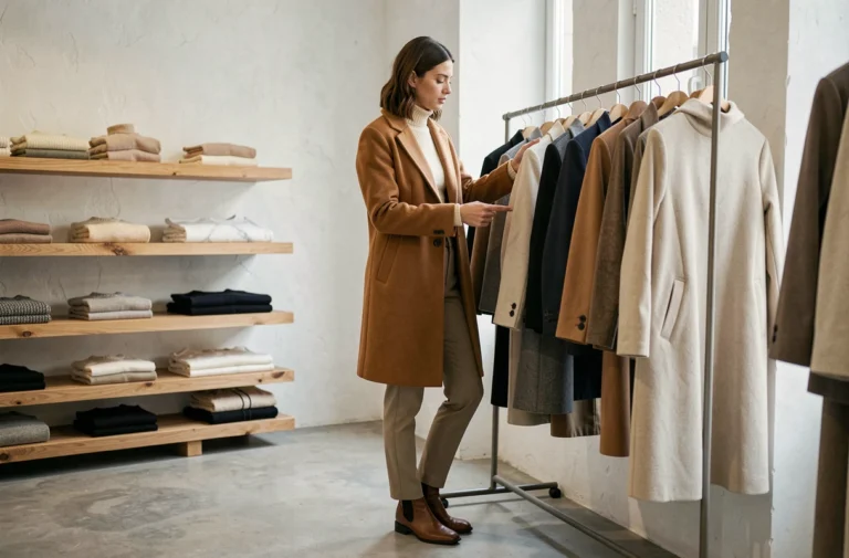 Femme élégante en manteau camel parcourant un portant de vêtements dans une boutique de mode minimaliste parisienne