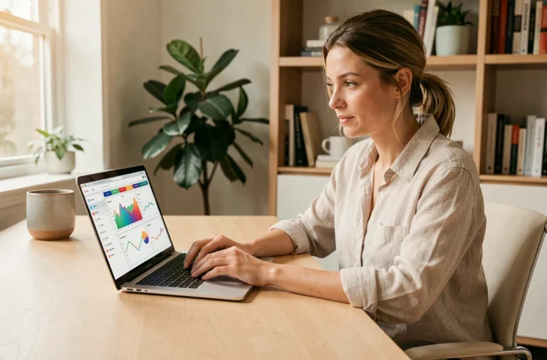 Femme consultant les dernières tendances web 2024 sur son ordinateur portable dans un bureau minimaliste