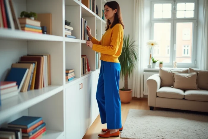 Femme portant une tenue aux trois couleurs harmonieuses jaune moutarde, bleu cobalt et orange rouille dans un salon scandinave